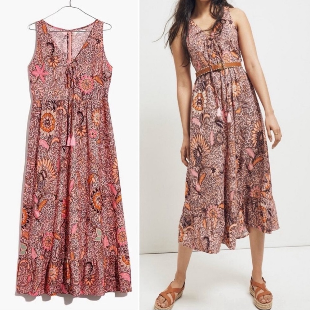 Madewell Lace up Ruffle Hem Floral Sleeveless Midi Dress in Bali Blooms